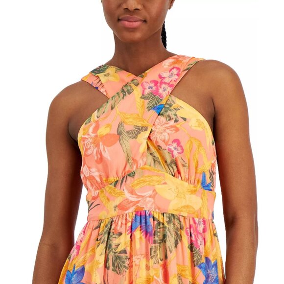 ANNE KLEIN Women's Floral-Print Crossover-Neck Midi Dress, Coral NWT - Picture 4 of 5